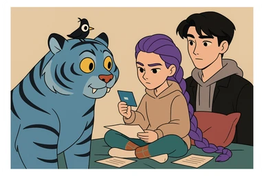 Combine the boy with black hair from the second image into the scene with the purple-haired girl and the blue tiger from the first image. Arrange them naturally as if they are all part of the same moment, matching the lighting and cartoon style of the flat toon style. sticker