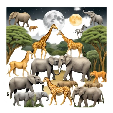 Collage of wild animals like lions, elephants, tigers, giraffes, and wolves in their natural habitats. Lions roam the savannah, elephants walk through forests, tigers crouch in the jungle, giraffes nibble trees, and wolves howl under the moon. Vibrant, nature-filled background. sticker