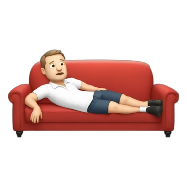 tim robinson very tired laying down on a red couch in a white polo shirt, chest up clean shaven, laying flat across couch sticker