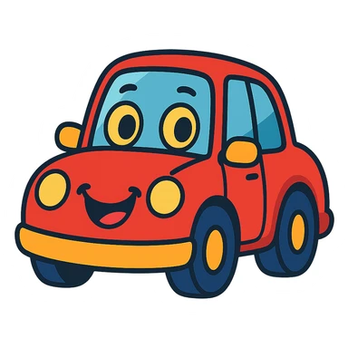 cartoon car with a friendly face, big eyes, smiling mouth, vibrant colors sticker