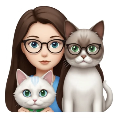 O fata cu parul saten lung ,ochii gri-albastrii ,ochelari și codițe de pisica ..și langa o pisicuță total  alba pufoasa ,cu ochii verzi și o a doua pisica siameza pufoasa cu capul maro inchis-negru și coada ,restul corpului un maro deschis spre alb  cu ochii albaștrii. sticker