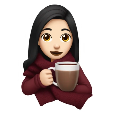 girl with black hair sipping on a mug of hot chocolate, pale skin, a burgundy blanket wrapped around her shoulders sticker
