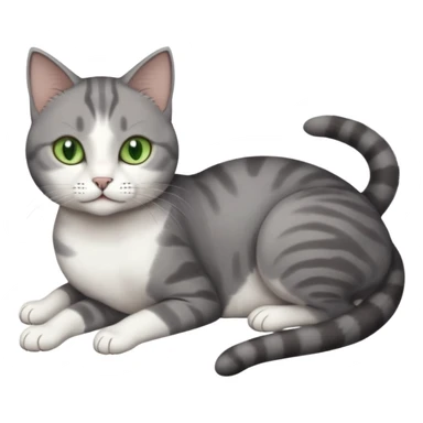full body tiny short hair dark grey and white cat with white front legs and green eyes lying down sticker
