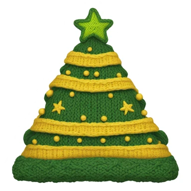 A knit hat like a Christmas tree，The bottom is wide enough for people to wear and has a yellow pentacle on top. The hat is divided into three parts horizontally by blue thread, and the whole hat has several small yellow, yellow and white wool balls. sticker