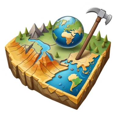 An icon featuring a pickaxe and a geological map, and layers of Earth’s crust, symbolizing geology. The design includes mineral samples, fossils, and tectonic plates, representing the study of Earth’s structure and natural processes. Transparent background highlights geological exploration sticker