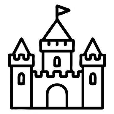 Camelot castle icon for a map, simple silhouette, recognizable towers, minimal detail, clear outline, suitable for small size sticker