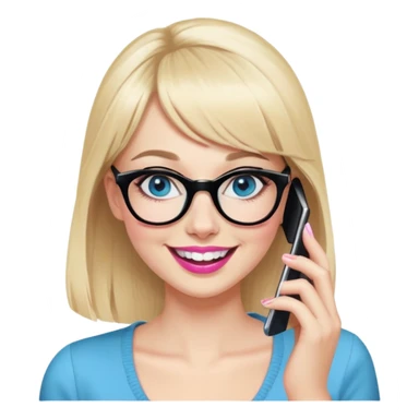 Pin up Woman with pale skin, wider face, blue eyes with eyeliner, thin eyebrows, long eyelashes, pink lipstick, blonde hair up with bangs, wearing black glasses. Laughing on a mobile phone  sticker