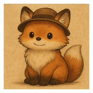 A cute, fluffy fox with a round head in the style of Studio Ghibli, wearing a hat. sticker