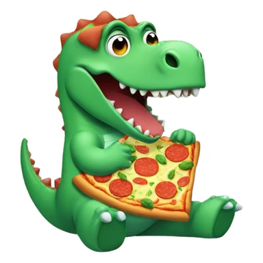 Green dinosaur eating a pizza whilst wearing pyjamas and fluffy white slippers sticker