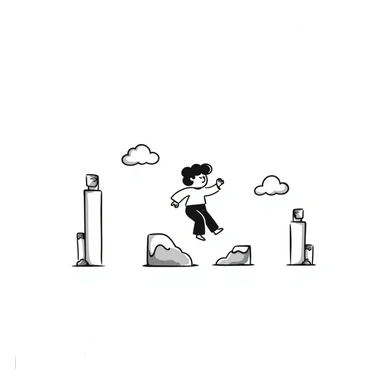 pixel art of a retro side-scrolling video game scene with blocks, platforms, clouds and a character jumping, 8-bit Game Boy style sticker