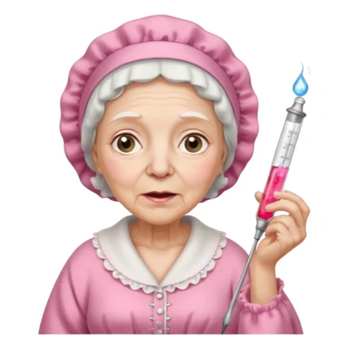 sick old woman with glass thermometer on her mouth pink night gown, pink bonnet on her head sticker