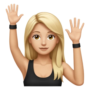 I want a white female dj animated gif emoji with long straight blonde hair putting hands up in the air. Wearing a black tight top with no sleeve sticker