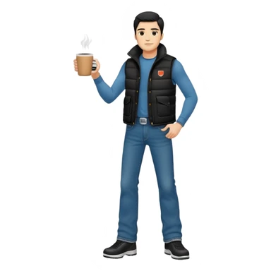 full body man with plain black puffy winter vest with no pockets over long sleeved shirt wearing straight levi boot cut levi blue jeans with no cuffs and tennis shoes holding one coffee mug in his hand and nothing in his other hand sticker
