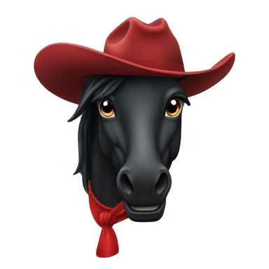 A black horse running with a red cowboy hat sticker