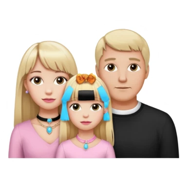 a family of three. daughter, mom and dad. long elegant blonde hair with bangs. almost female blonde boy femboy trap t-girl cute feminine makeup gay lingerie. skinny  body.   pink choker. whore hoop earrings. sticker