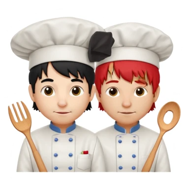 A rat with a fringe, long black hair and chefs and a man with red hair and a chefs hat sticker