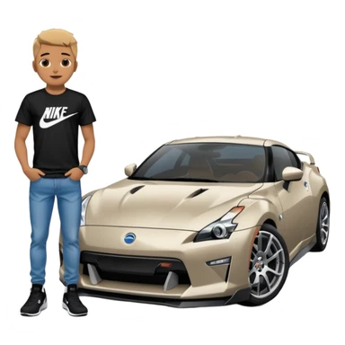 Grunge-style analog photo, London 2025, person inspired by the new reference image in model pose in front of a Nissan GT 86, black t-shirt, jeans, Nike Air Jordan low, using flash, analog grain, city night, 1/8. sticker