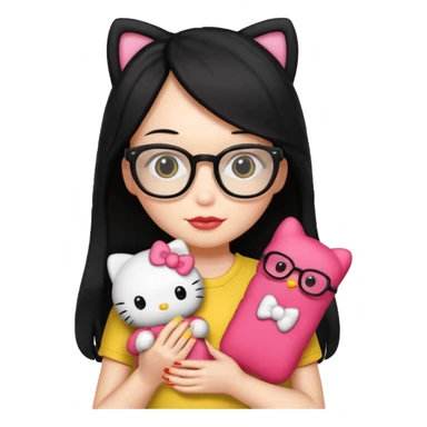 Nails cute with hello kitty wear glasses black long  hair, wear yellow shirt , red nails , big hello kitty sticker
