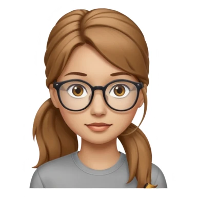 Thin woman with long light brown hair in pony tail light brown glasses and grey eyes sticker