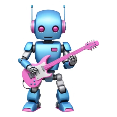 a cyper robot carry her note and electric guitar and try to change the world with pink and bluecolor sticker