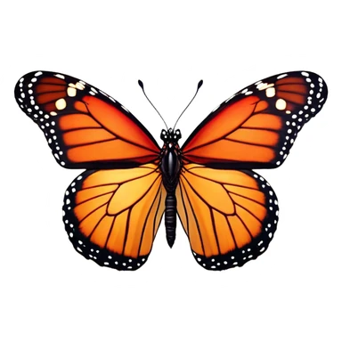 Cinematic Realistic Noble monarch Butterfly Portrait Emoji, Poised and elegant, with delicate, translucent wings rendered in rich ruby and scarlet hues, a slender, graceful body with intricately detailed textures, and soft, reflective eyes, illuminated by natural light, high shine, intelligent and regal, styled with an air of refined natural splendor, focused and attentive, soft glowing outline, capturing the essence of a watchful and confident monarch butterfly that appears to emerge majestically from the screen! sticker