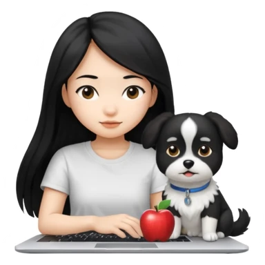 Asian girl long black hair, wearing a white t-shirt, working on an Apple laptop, next to her is a small black and white female dog sticker