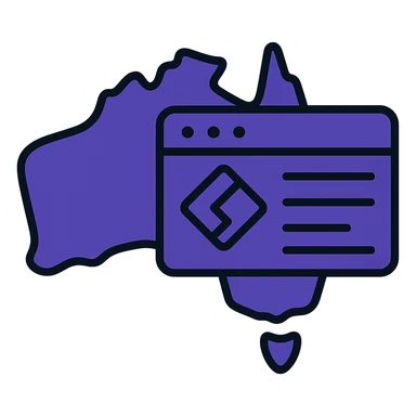 Integrate the official Microsoft Power Pages icon prominently into the map of Australia with digital web page overlay, use #403DAD as the main color, keep the modern and techy look, no text sticker