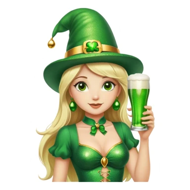 Blonde haired pretty woman in glittery green bell bottoms and tall leprechaun hat holding a green beer sticker