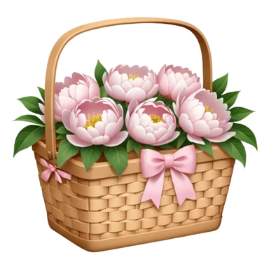 White Picnic basket with light pink bow and white peonies inside sticker