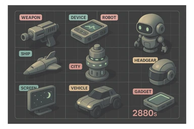 a virtual display, a gray grid with darker gray cells, each cell containing an item viewed in isometric minimalism render The cells have pastel neon colored labels in their upper corner, indicating various traits of the items. retrofuturism, circa 2880's sticker
