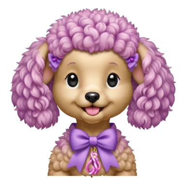 Peach-colored poodle with a narrow, short-haired face, hairstyle like Artemone. Long fluffy ears, each with a thin braid tied with a pink bow at the end. Happy face, smiling. A lilac branch in the mouth. sticker