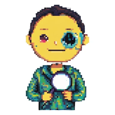 man with magnifying glass, raised eyebrows, smiling, pixel art style sticker