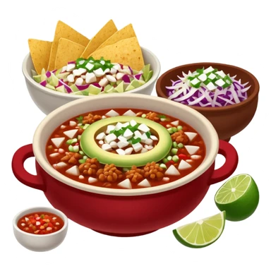 A delicious hot bowl of pozole rojo with sides next to the bowl in separate bowls each: chopped onions, shredded cabbage, lime wedges, red chile de arbol salsa, and full round tostadas sticker