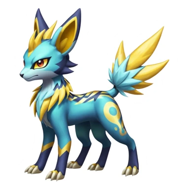 Shiny colorful exotic Feral Scaly Striking Slaying Badass Evil Handsome Lightning-patterned Zig-zagged buzzy fuzzy Meloetta-Renamon-Luxray-Cobalion-Suicune-Vernid-fusion-hybrid-creature, full body  sticker