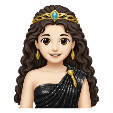 Libera, Goddess of Death from Roman Deities with long dark brown wavy hair, black sequin toga sticker