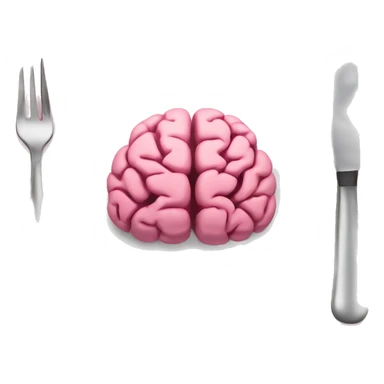 A white food plate with a knife and fork on either side. A pink brain is on the plate sticker