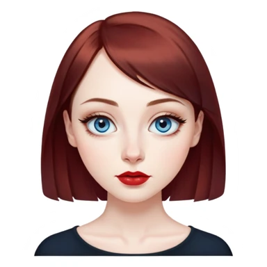 Artistic young woman with pale skin, oval face, large expressive blue eyes with eyeliner, thin arched eyebrows, small nose, full lips with red lipstick, dark auburn hair that's straight with slight waves at ends, straight bangs, wearing a black top, warm creative expression sticker