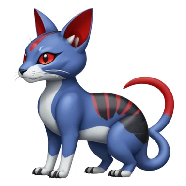 Dark-greyish-blue-grey-black, with red markings, white belly, scaley Bastet-Noibat-Gatomon-Digimon-Fakémon-Pokémon-creature (full body) sticker