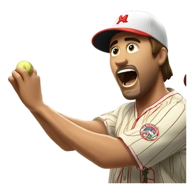 Man with brown hair wearing a hawaiian shirt yells at pinstripe wearing Latino baseball player sticker