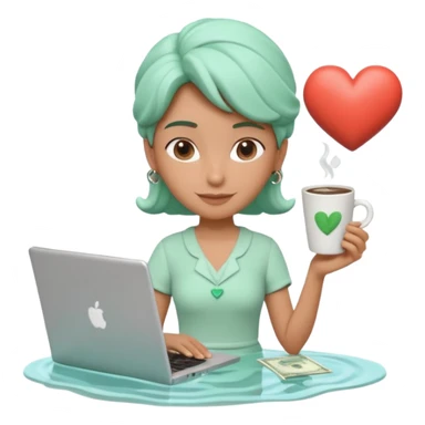3D clay character relaxed with laptop and coffee, floating icons (envelope, heart, dollar), mint green (#34D399) outfit, coral (#FF7F6B) floating icons, white laptop, Pixar style, transparent background sticker