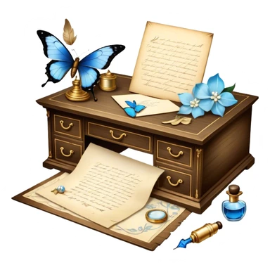A poetic still life of an antique wooden desk adorned with an ink-stained love letter, a golden-tipped quill resting beside it. A translucent blue butterfly flutters near an elegant perfume bottle, surrounded by ivory gardenias and scattered pearls. sticker