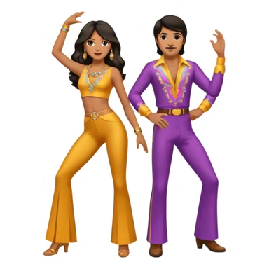 hombre y mujer bailando con ropa de disco de los 70s ambos con pantalones largos, ambos de pelo oscuro sticker
