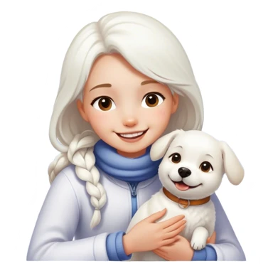 girl smiling with White dog in snow sticker
