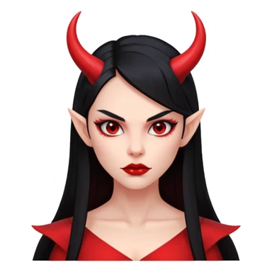 Head only demon girl, strong pronounced cheekbones, sharp angular jawline, skin fully pure red everywhere, long straight sleek black hair, small ho sticker