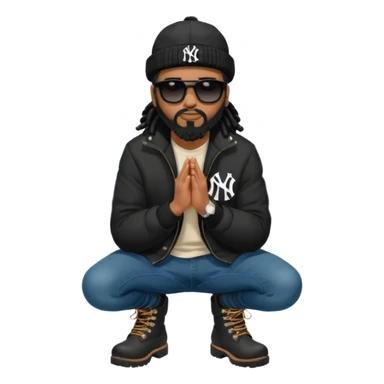 African American man with shoulder length black dreadlocks with black beard wearing black sunglasses wearing a black bubble winter coat wearing a New York Yankees baseball hat wearing denim skinny jeans and timberland boots kneeling in prayer sticker