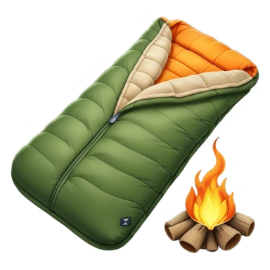 Cinematic Realistic Sleeping Bag, plush and slightly wrinkled, rich fabric texture catching the firelight, glowing with warmth and inviting coziness, nestled within a peaceful campsite. sticker