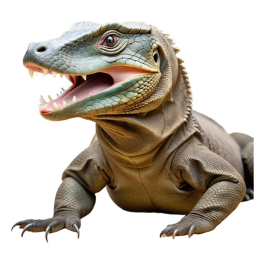 Cinematic Realistic Cute Yawning Komodo Dragon Portrait Emoji, Head tilted slightly with a dramatic, wide-open yawn, showcasing a soft, rugged scaled hide with subtly drooping features and half-closed, drowsy eyes rendered in authentic detail, high shine, relaxed yet expressive, styled with a dash of natural desert charm, soft glowing outline, capturing the essence of a sleepy yet affectionate Komodo dragon that appears ready to stretch out for a deep, restful nap! sticker