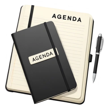 An open black Moleskine notebook with 'AGENDA' written in bold at the top of the page and meeting items with bullet points clearly visible below sticker