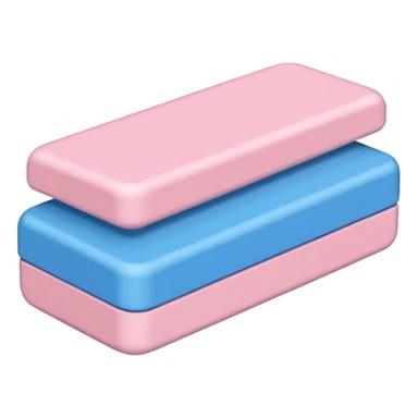 classic dual-color eraser with one half in soft pink and the other in blue, slightly beveled at the ends, matte texture, lightly rounded corners, used but clean surface, no branding, pencil, or paper, soft lighting, subtle shadows, emoji scale sticker