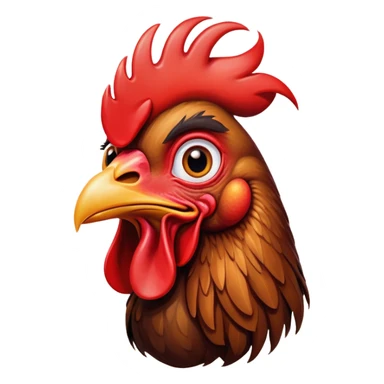 Cinematic Comical Brown Rooster Portrait Emoji, Head tilted dramatically with an exaggeratedly amused expression, featuring a striking, glossy brown plumage with a bold red comb, wide, expressive warm eyes filled with playful disbelief, Simplified yet hilariously expressive features, highly detailed, glowing with a slightly sassy glow, high shine, dramatic yet playful, stylized with an air of cheeky mischief, bright and endearing, soft glowing outline, capturing the essence of a spirited and over-the-top rooster, so meme-worthy it feels like it could crow its way into internet fame instantly! sticker